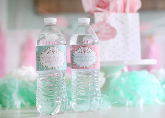 Ice cream parlor water bottle labels - Drink tags - Ice Cream Sweet Shop ice cream social - Pink mint polkadot First birthday - Customizable Il_570xn