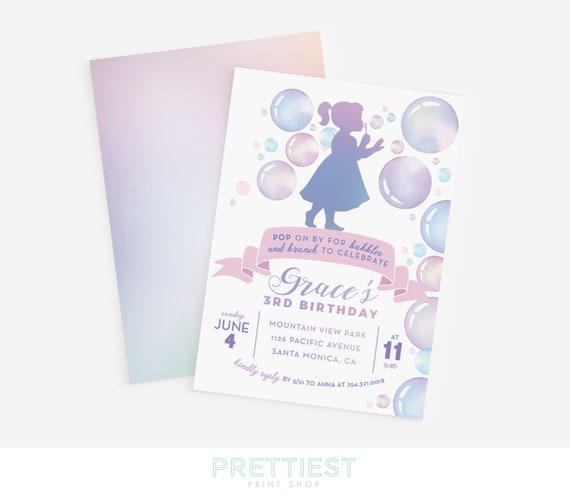 Bubbles birthday invitation - Bubbles and Brunch - Girl blowing bubbles - Iridescent - Watercolor - Bubble party - Pastel rainbow - 2nd Il_570xn