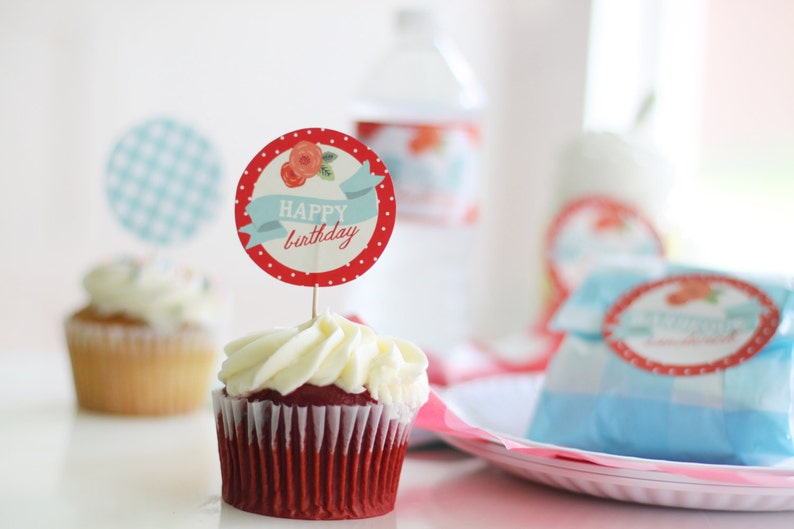 Printable Picnic Party cupcake toppers Floral Cabbage Etsy