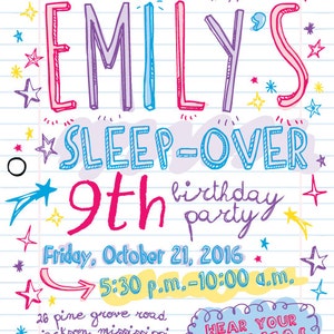 Printable sleepover invitation Notebook paper Doodles invitation Girls slumber party 9th birthday Preteen birthday Girl birthday image 2