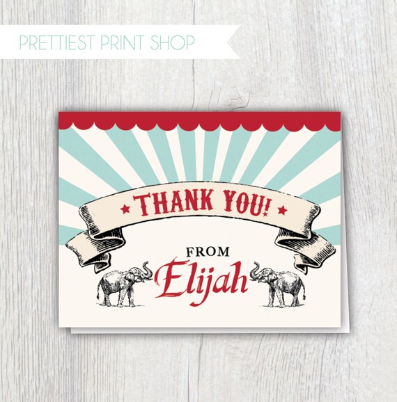 Printable vintage circus thank you notecard - First birthday - Boy birthday - Thank you card - Carnival party - Elephant - Customizable Il_570xn