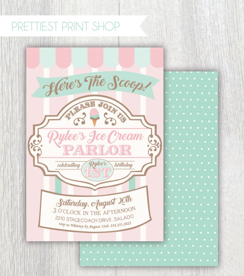 Printable ice cream parlor invitation Here's the scoop Ice cream first birthday party Ice Cream shop Sweet Shoppe Customizable image 1