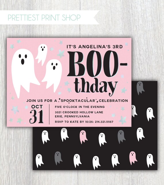 Printable pink halloween birthday invitation - Ghost BOO-thday - Holographic stars - Halloween party - Costume - Fall birthday Customizable Il_570xn