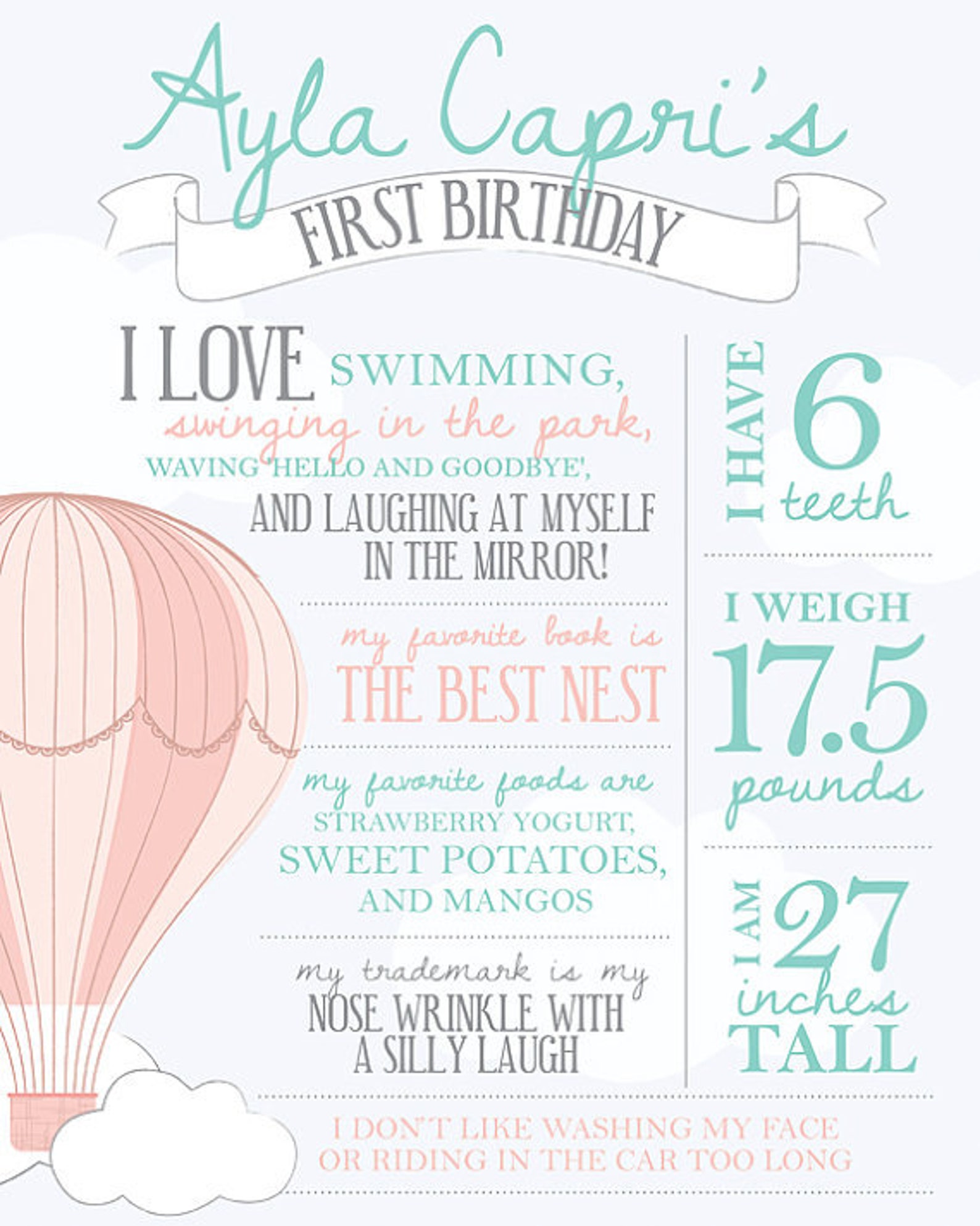 Birthday facts poster Hot air balloon party Clouds First | Etsy
