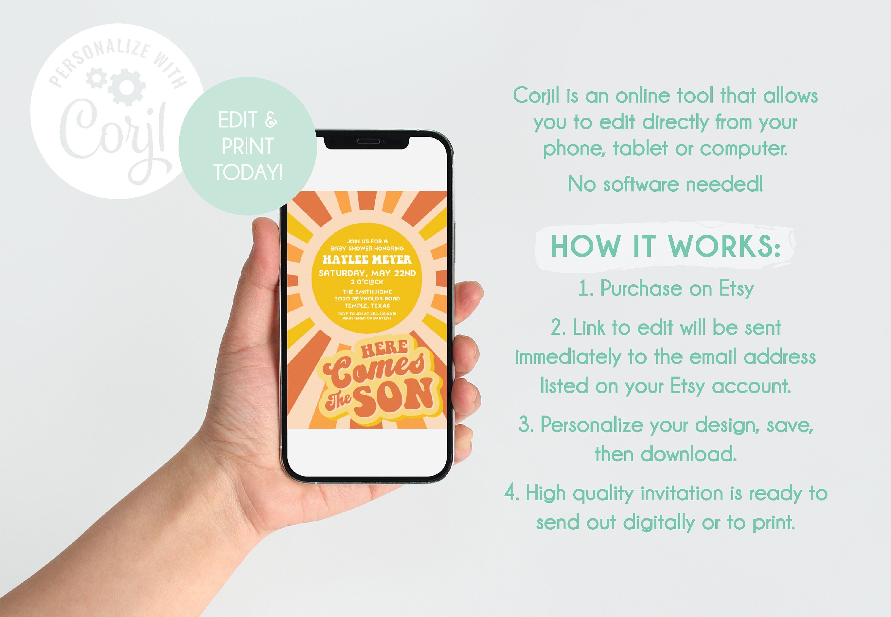EDITABLE TEMPLATE Here Comes the Son baby shower invitation 60s 70s Groovy Psychedelic swirls Sunshine Hippie Sun Boy Shower