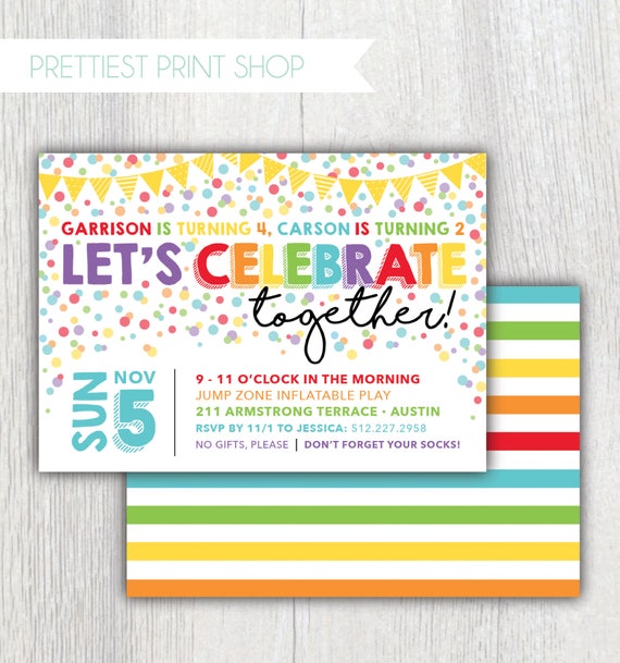 Printable rainbow confetti birthday invitation - Joint birthday party - Let's Celebrate Together - Sibling birthday party - Customizable Il_570xn