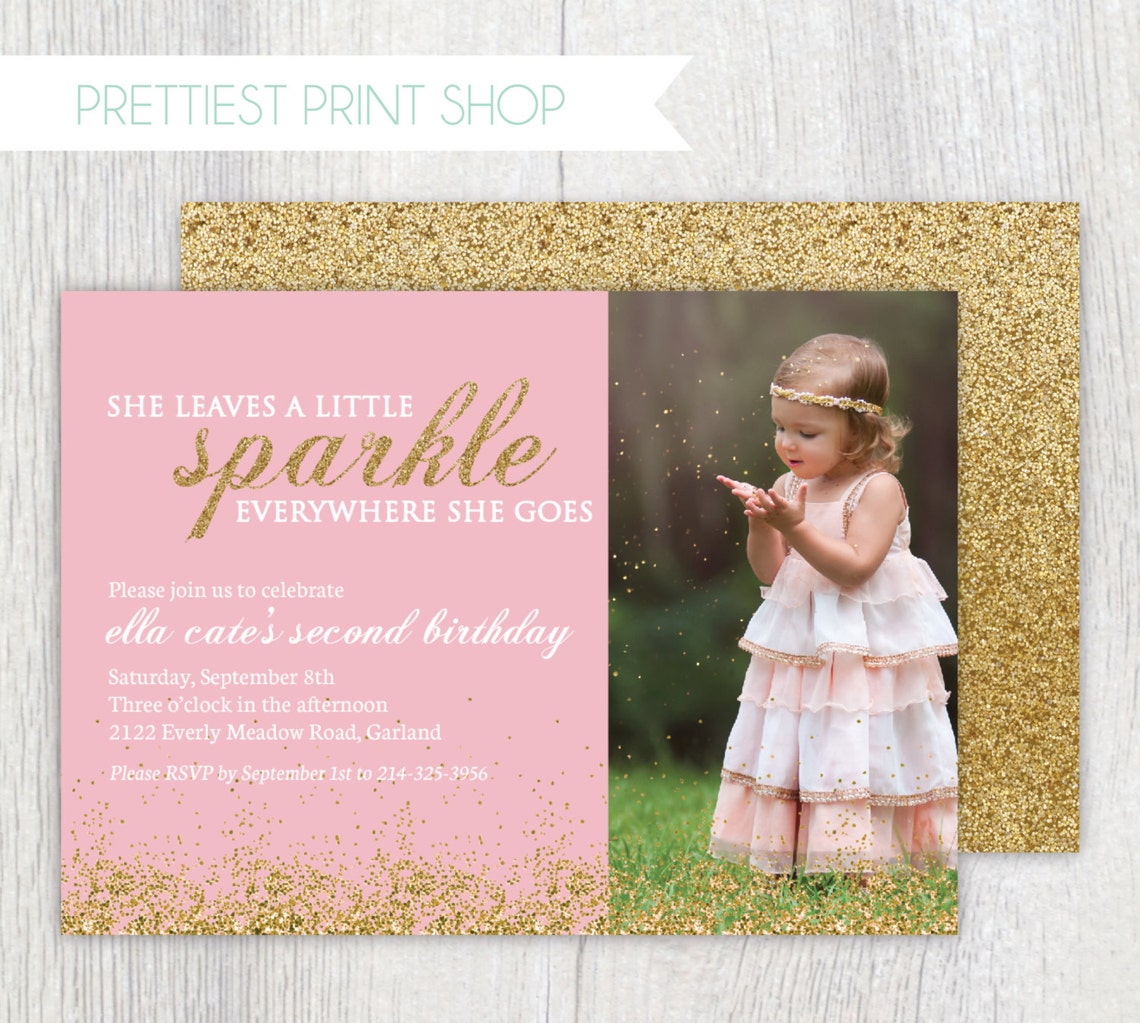 Printable Gold Glitter Invitation Pink and Gold She Leaves Etsy