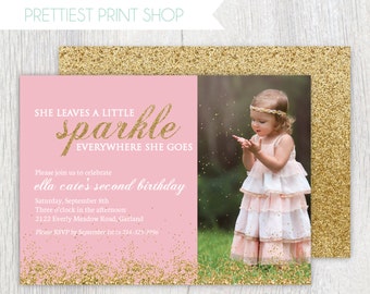 Printable gold glitter invitation with photo - Pink and gold - She leaves a little sparkle everywhere she goes - Birthday invitation