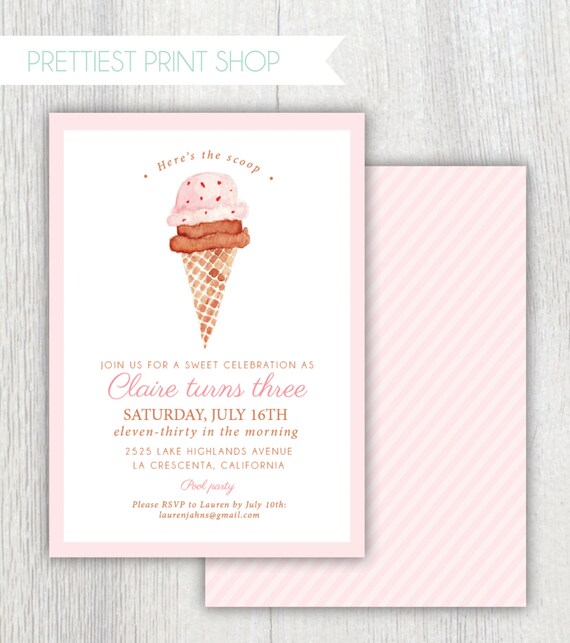 Printable ice cream invitation - Here's the scoop - Ice cream birthday party - Watercolor - Baby Shower - Summer Pool party - Customizable Il_570xn
