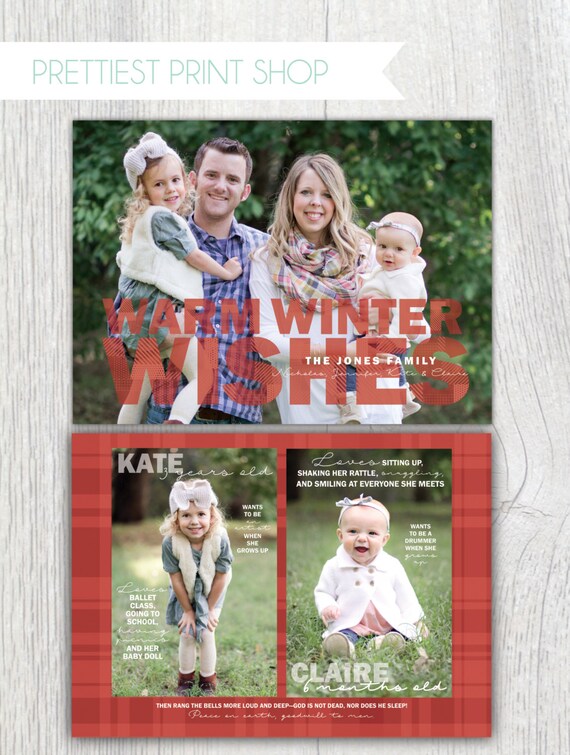 Printable Christmas card with photos - Warm winter wishes - Plaid - Flannel - Family facts on back - Photo holiday card - Customizable Il_570xn