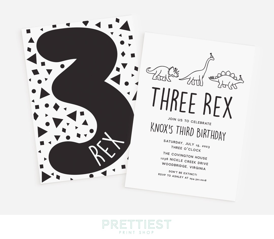 Dinosaur Birthday Invitation Modern Monochrome Dinomite Threerex 3rex