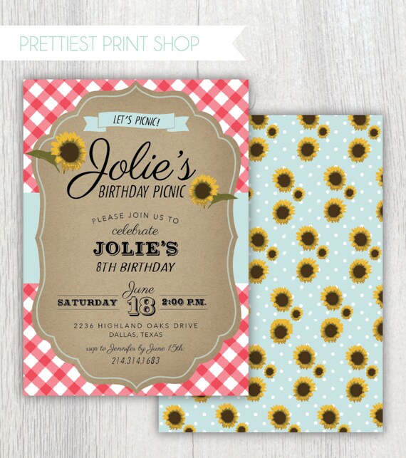 Printable Picnic invitation - Red Gingham and sunflowers - Kraft paper - Birthday party - Shower - Engagement party - Customizable Il_570xn