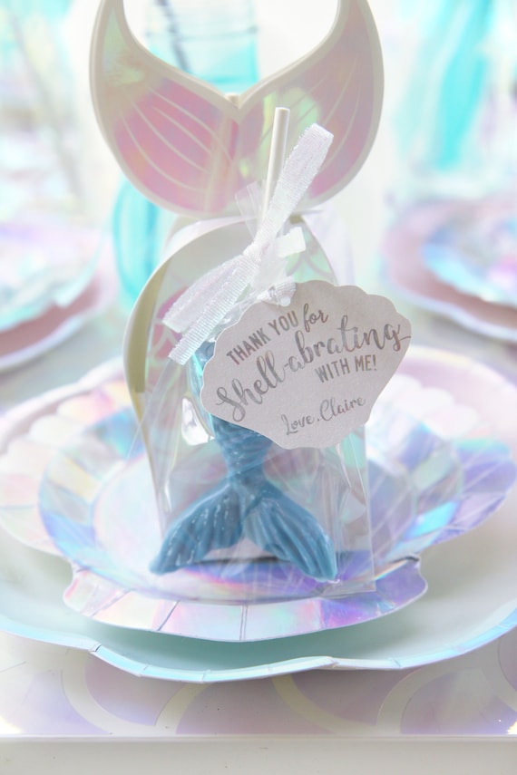 Mermaid shell favor tags - Thanks for shellabrating with me - Mermaid birthday party Holographic Iridescent Lettering customizable printable Il_570xn