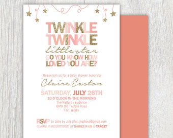 Printable Twinkle Twinkle Little Star invitation - Pink and gold - Twinkle twinkle baby shower - Birthday invitation - Customizable