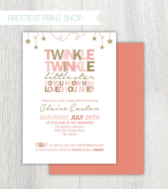Printable Twinkle Twinkle Little Star invitation - Pink and gold - Twinkle twinkle baby shower - Birthday invitation - Customizable Il_570xn