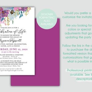 EDITABLE TEMPLATE Celebration of Life invitation Funeral announcement Memorial service Vibrant Florals Watercolors Magenta image 2
