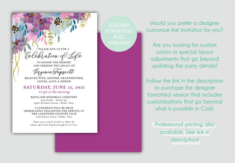 EDITABLE TEMPLATE Celebration of Life invitation Funeral announcement Memorial service Vibrant Florals Watercolors Magenta image 2