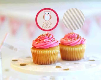 Printable cupcake toppers - Party circles - Owl party - Pink and gold glitter party - Ones a hoot - First birthday - Customizable