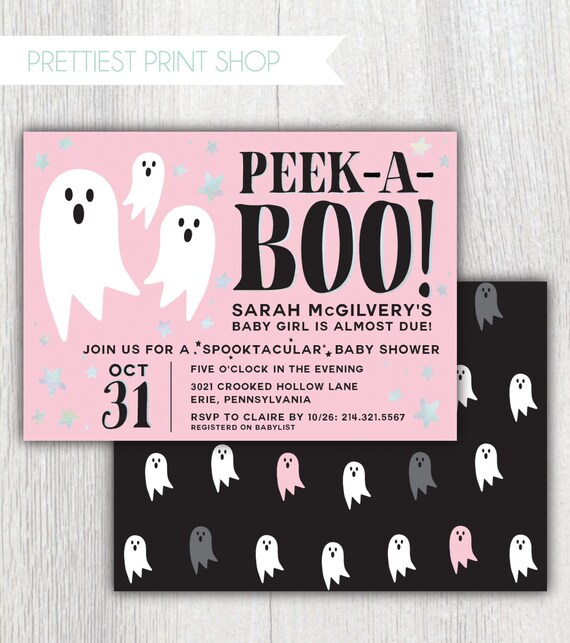 Printable pink halloween shower invitation - Ghost - Peek-a-BOO - Holographic stars - Halloween party - Fall baby shower - Customizable Il_570xn