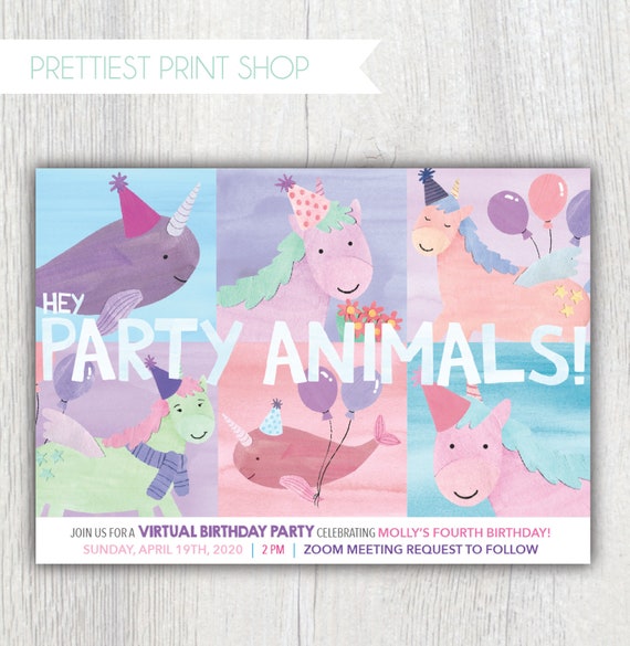Virtual birthday invitation - Social distancing party - Party Animals - Unicorns Narwhals - Zoom party - FaceTime party - Customizable Il_570xn