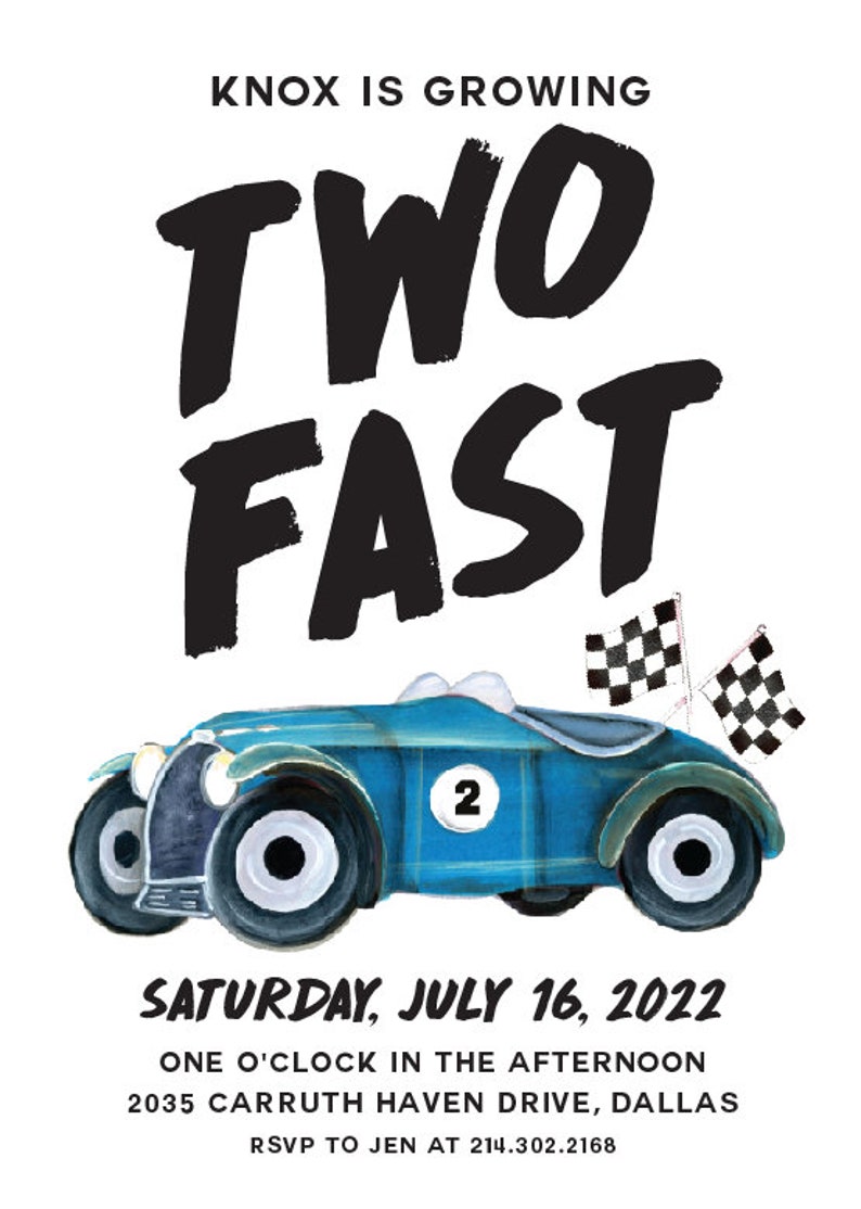 Two Fast racecar birthday invitation Second birthday party Watercolor vintage racecar Boy birthday Checkerboard Customizable image 2