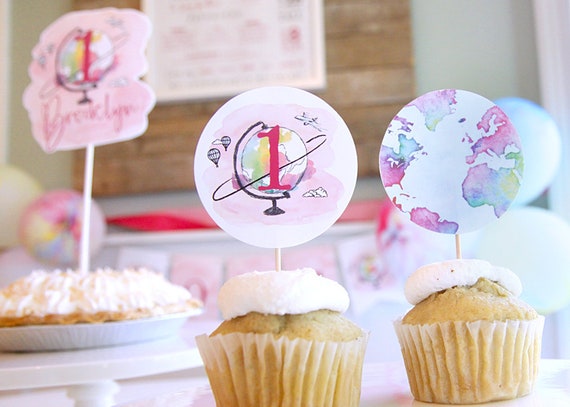 ONEderful World cupcake toppers - First birthday party decor - Globe - Hot air balloon - Airplane - Travel Labels - Customizable - Printable Il_570xn