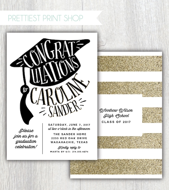 Printable Graduation party invitation - College High school graduation announcement - Black and gold - Class of 2017 - Customizable Il_570xn