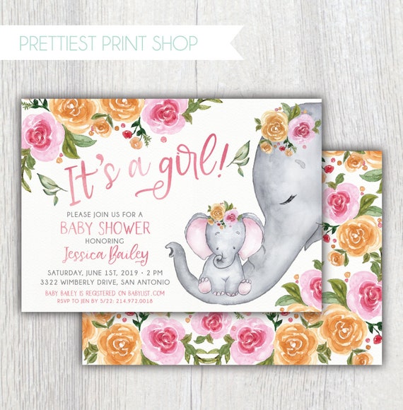 Printable Baby Shower Invitation Floral Elephant Its A Etsy 日本 Printable Baby Shower Invitation Floral Elephant Its A Etsy 日本