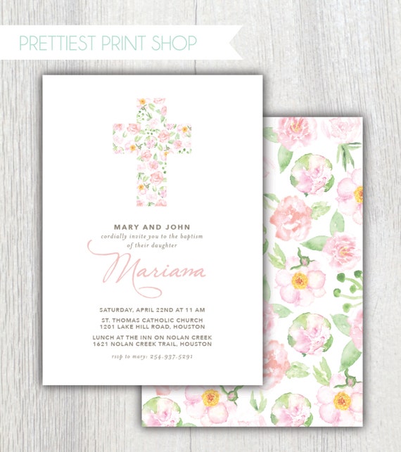 Printable Baptism invitation - Christening invitation - Floral cross - Easter - Baby girl christening - Baby girl baptism - Customizable Il_570xn