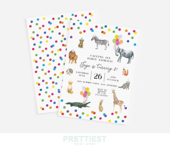 Party Animals invitation - Two Wild - Wild One birthday party - Watercolor animals in party hats - Polkadot - Customizable Il_570xn