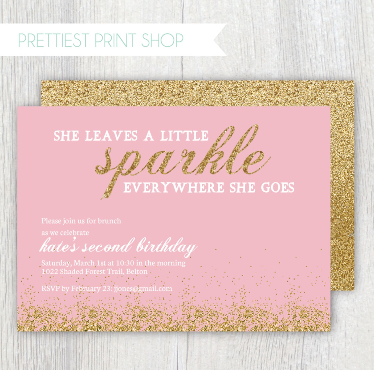 Printable Gold Glitter Invitation Pink and Gold She Leaves Etsy