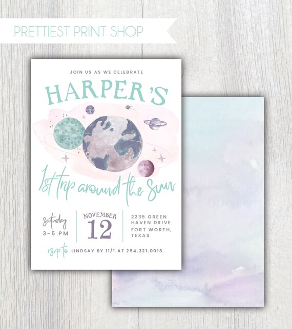 Printable First Trip Around the Sun birthday invitation - Outer space birthday party - Moon stars planets - First birthday - Customizable Il_570xn