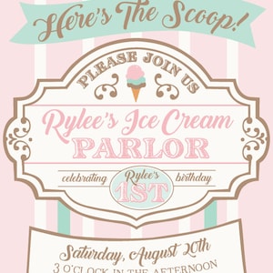 Printable ice cream parlor invitation Here's the scoop Ice cream first birthday party Ice Cream shop Sweet Shoppe Customizable image 2