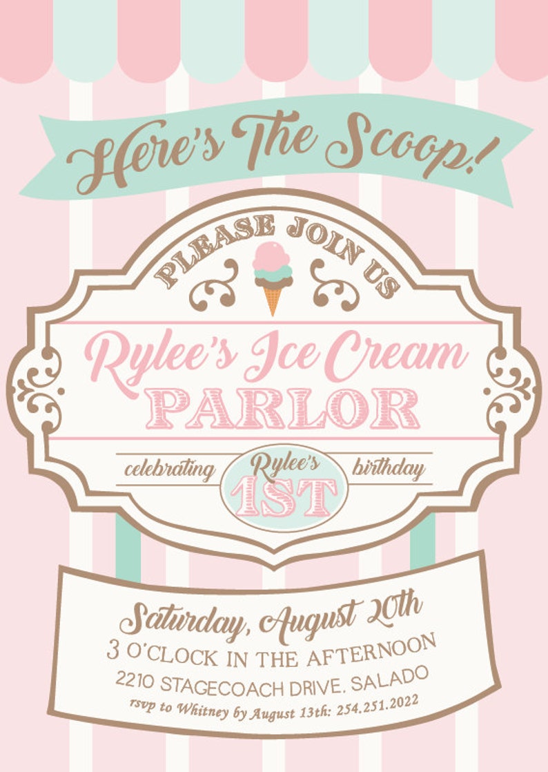 Printable ice cream parlor invitation Here's the scoop Ice cream first birthday party Ice Cream shop Sweet Shoppe Customizable image 2