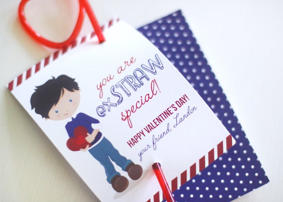Printable classroom valentine tags - ExSTRAW special - Boy Valentines Day cards - Personalized illustration of child - Customizable Il_570xn