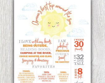 Birthday facts poster - First Trip Around the Sun stats poster - Smiling sunshine - Clouds - First birthday stats - Milestone memory poster