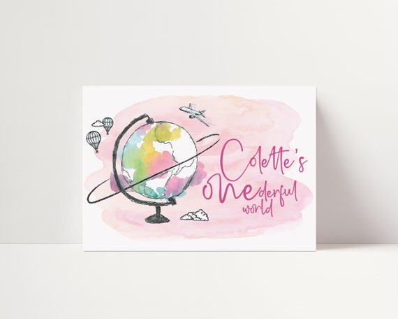 Printable OneDerful World backdrop poster - What a ONEderful world party - Birthday Party sign - Globe Hot air balloon Airplane Travel Il_570xn
