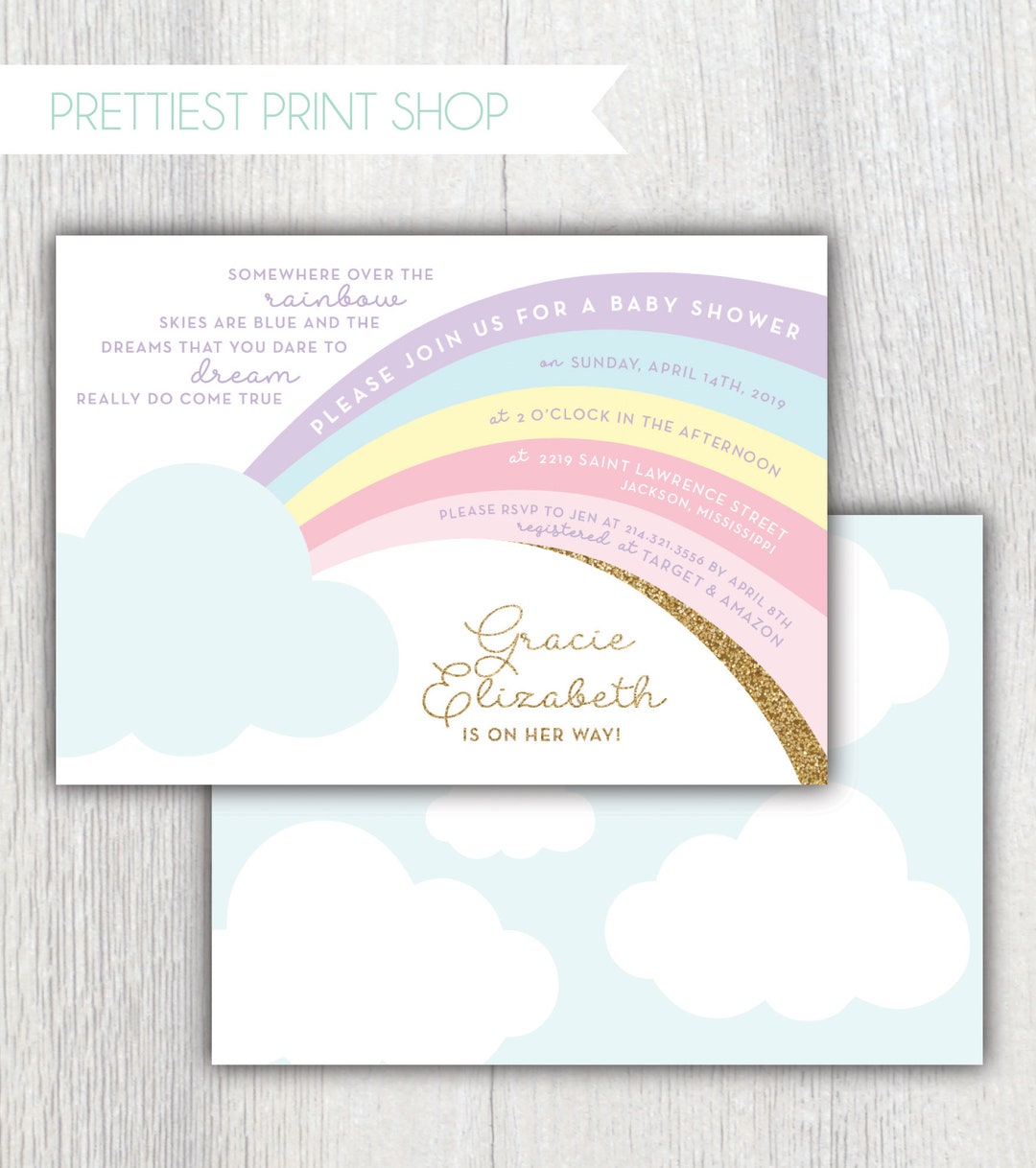Printable Rainbow Baby Shower Invitation Pastel Rainbow Clouds Gold ...