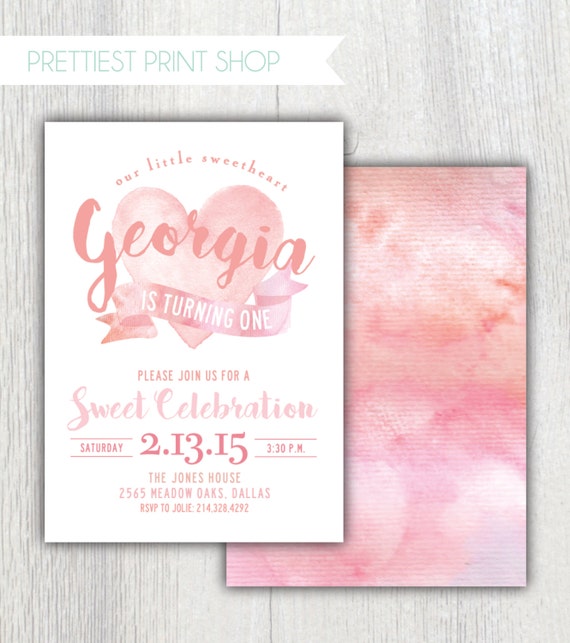 Printable valentine birthday invitation - Our little sweetheart party - Valentines Hearts party - First birthday - Watercolor - Customizable Il_570xn