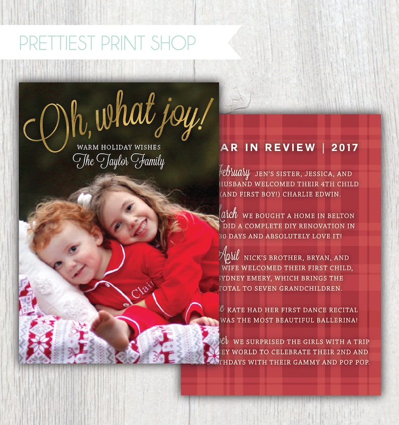 Printable Christmas card with photo Oh what joy Year In Review Gold lettering Plaid Photo holiday card Family updates Customizable image 1