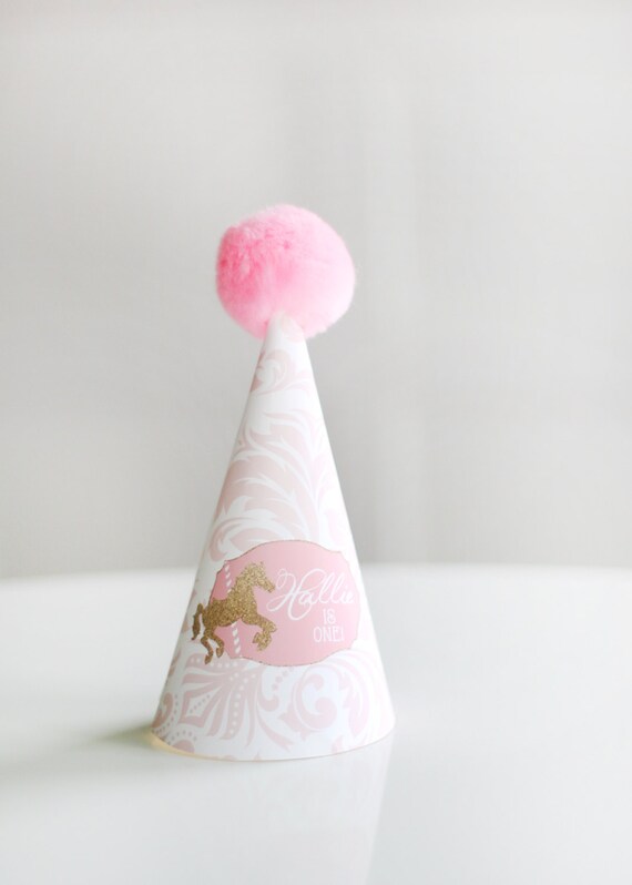 Printable pink and gold carousel party hats - First birthday - Girls birthday - Customizable Il_570xn