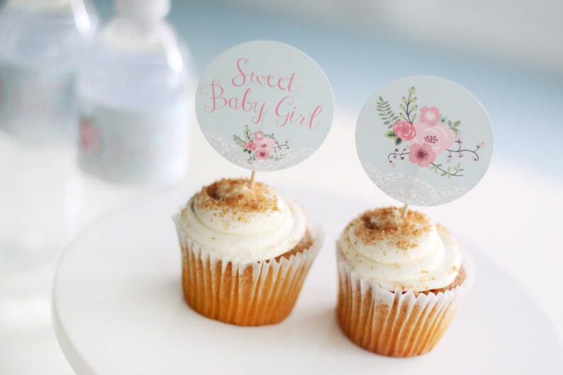 Printable Baby Shower Cupcake Toppers Floral And Lace Sweet Baby Girl Pink And Mint Baby Girl Shower Party Circles Shower Decor