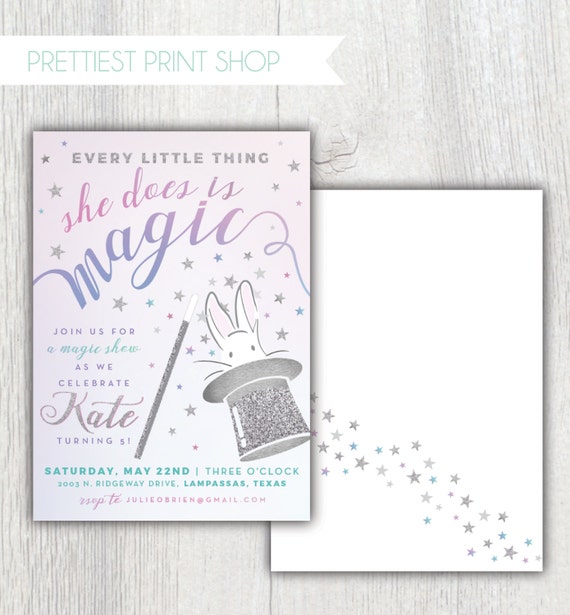 Magic party invitation - Every little thing she does is magic - Silver Glitter - Pastels - Girl birthday party - Bunny in hat - Printable Il_570xn