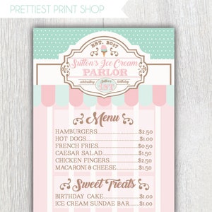 Printable Ice Cream Parlor menu Sweet Shop Pink Mint Ice cream Custom party menu Ice cream shop birthday party Customizable image 1
