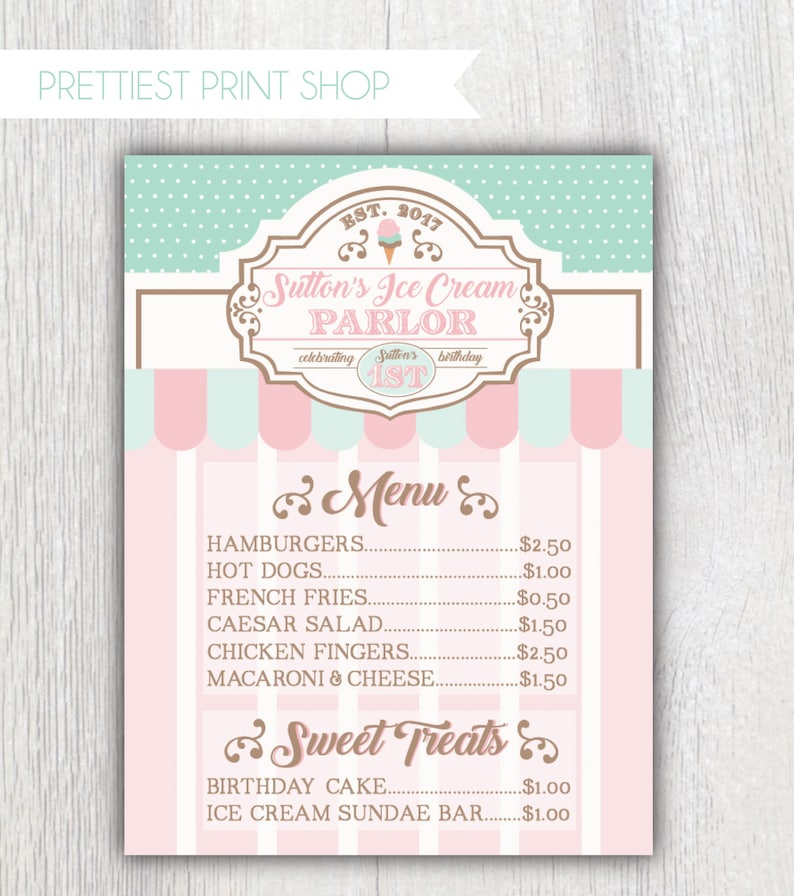 Printable Ice Cream Parlor menu Sweet Shop Pink Mint Ice cream Custom party menu Ice cream shop birthday party Customizable image 1