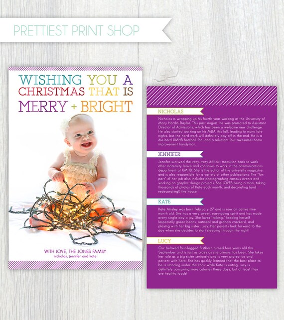 Printable Christmas card with photo Merry and bright Personalized