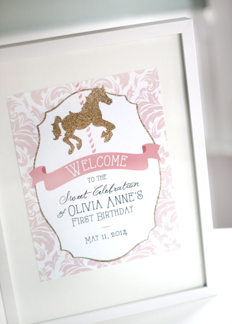 Printable pink and gold carousel welcome sign First birthday Girls birthday Customizable image 1