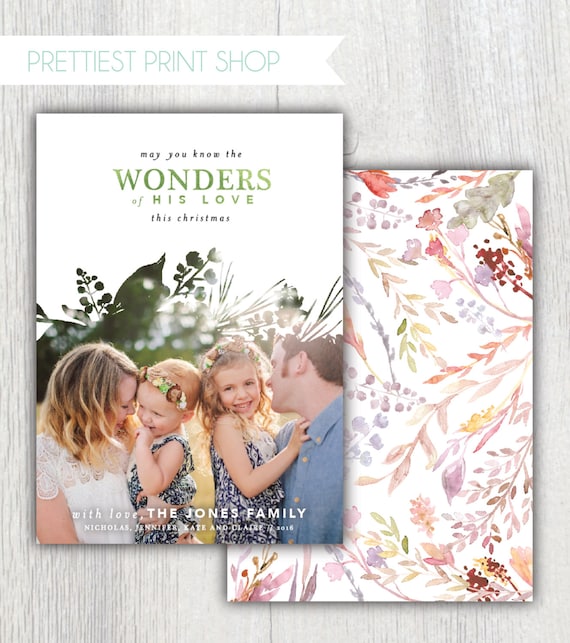 Printable Christmas card with photo - Boho winter florals - Wonders of His Love - Watercolor wildflowers - Photo holiday card - Customizable Il_570xn