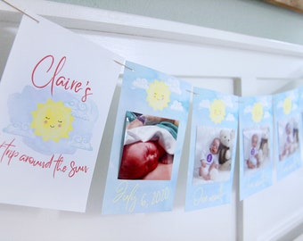 Sunshine birthday monthly photo banner - First trip around the sun milestone pennant banner - Smiling sun and clouds - Customizable