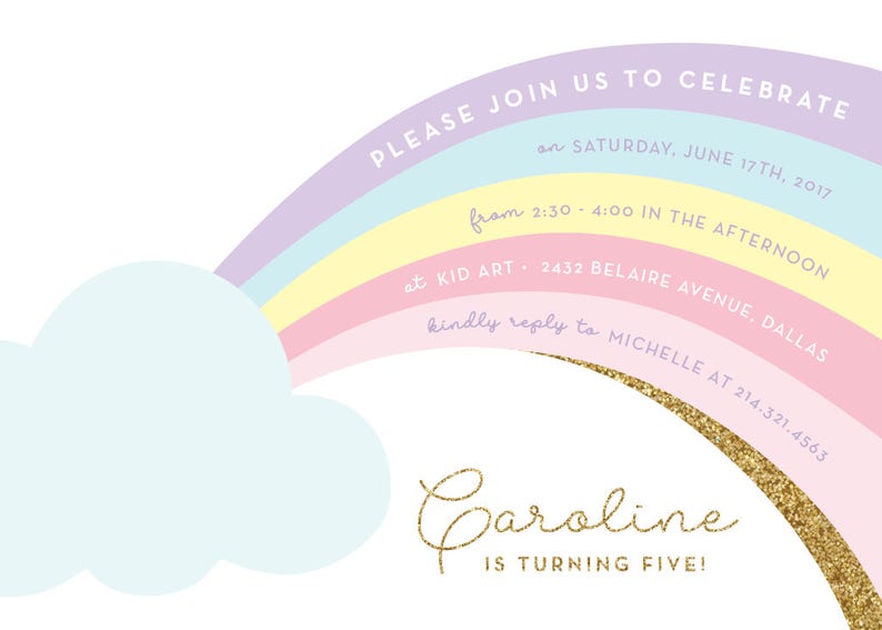 Printable Rainbow birthday invitation Pastel rainbow Clouds Gold glitter Rainbow party Rainbow Baby shower Customizable image 2
